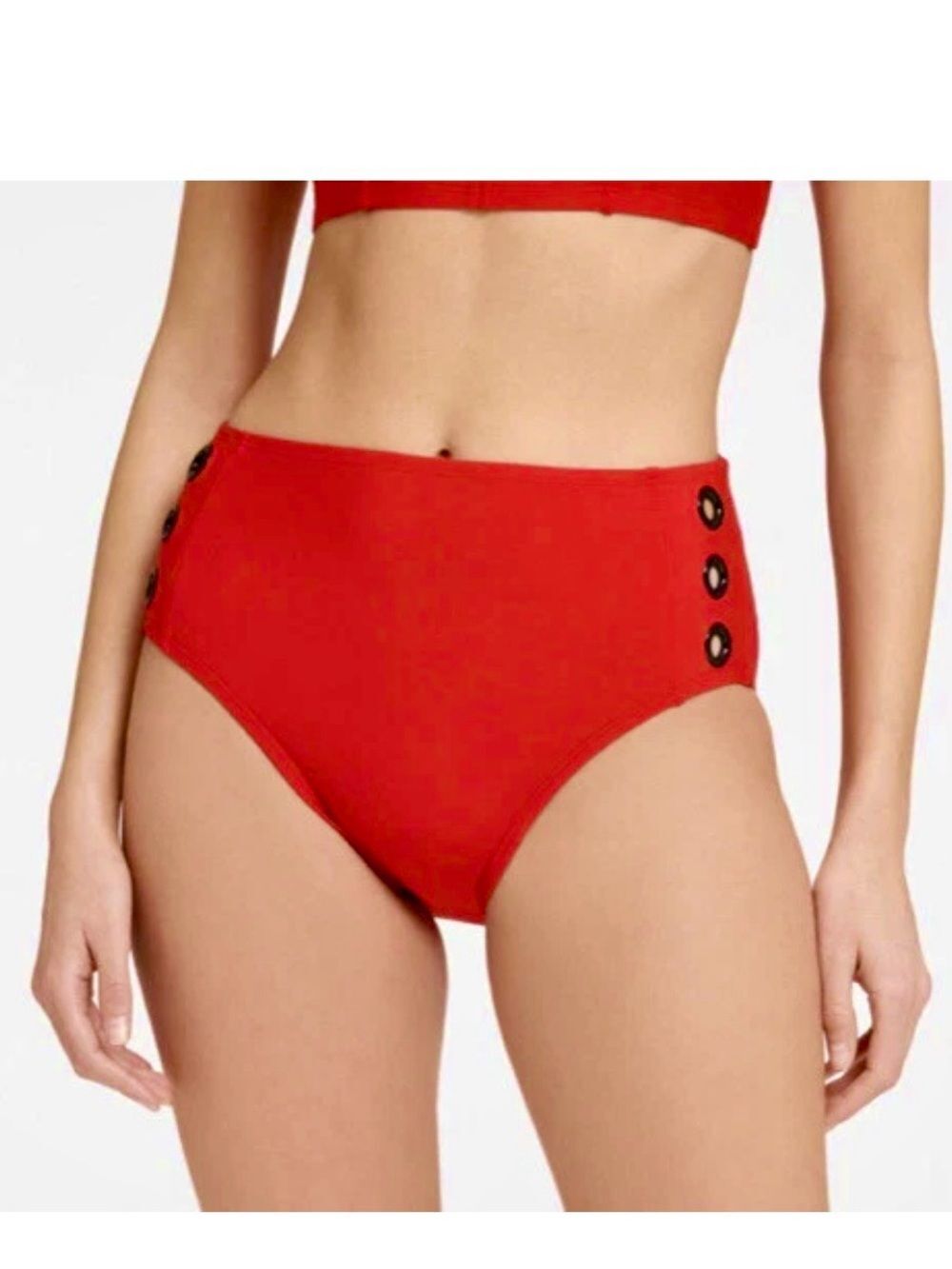 DKNY Lychee Red Bikini Bottom High Waist Grommet Detail Size L NWT